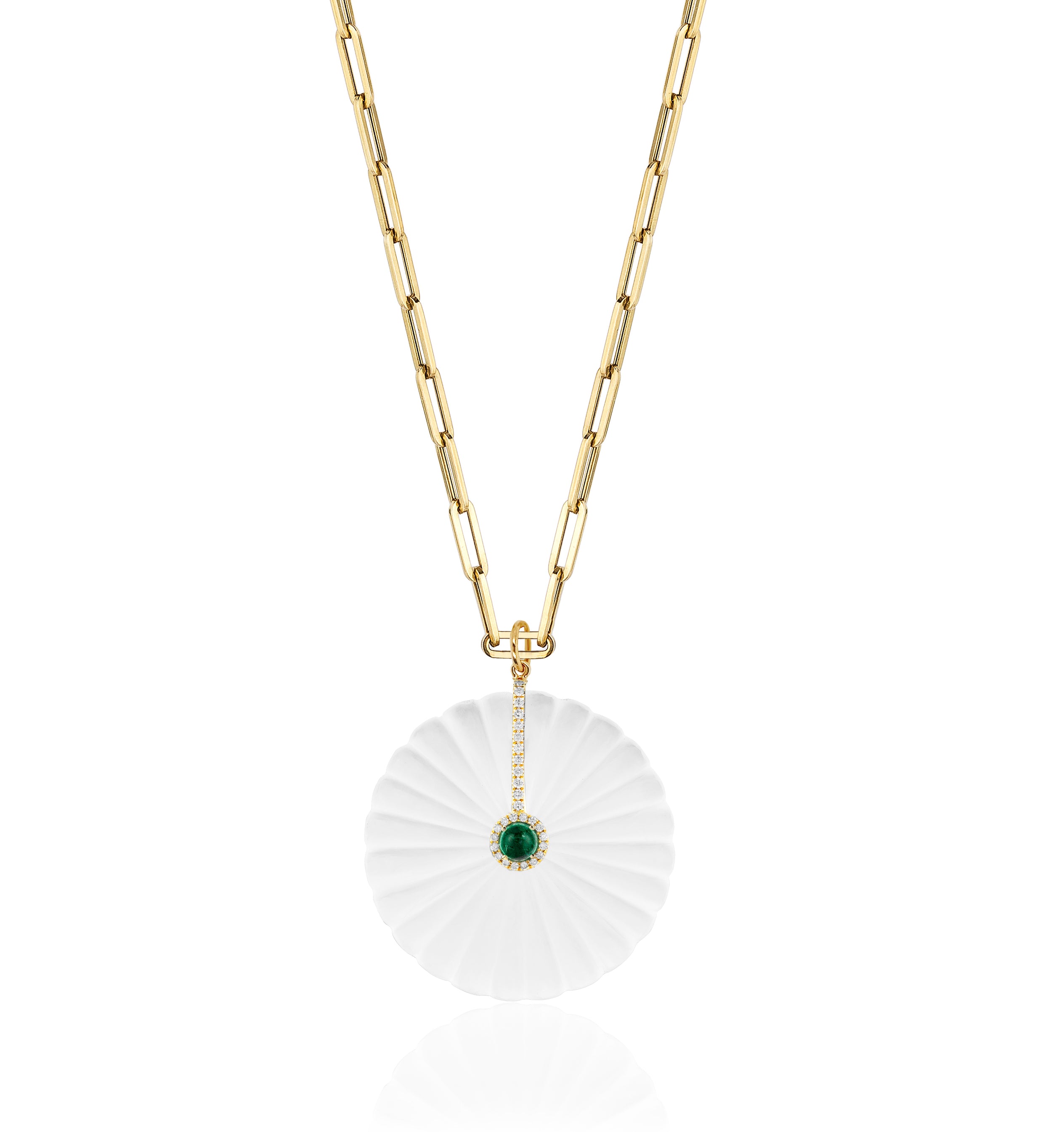 Carved rock crystal, emerald, diamonds 18k gold necklace by fine jewelry house Goshwara, luxury gift