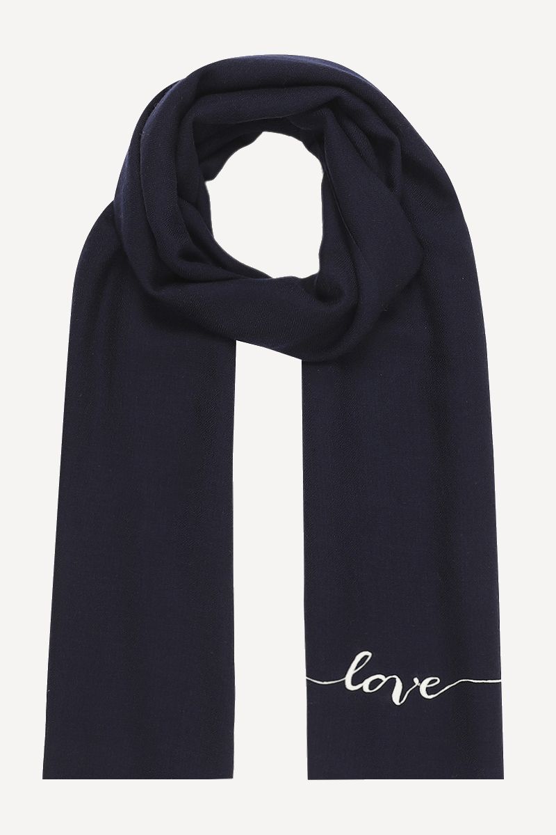 JANAVI INDIA classic Love scarf, is a perfect gift for yourself or a loved one.  "Love" hand-embroidered in navy merino wool.