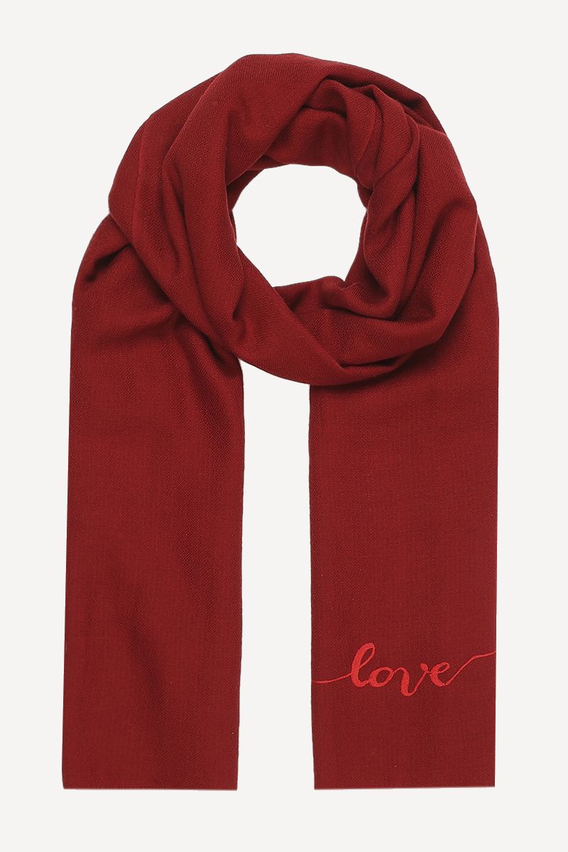 JANAVI INDIA classic Love scarf, is a perfect gift for yourself or a loved one.  "Love" hand-embroidered in red merino wool. 