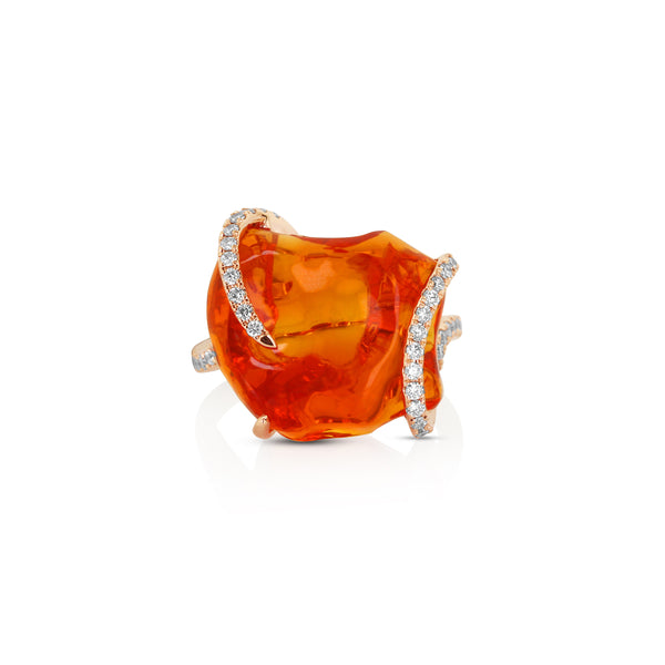 18 karat rose gold fire opal and diamond ring by fine jewelry house Yael Designs
