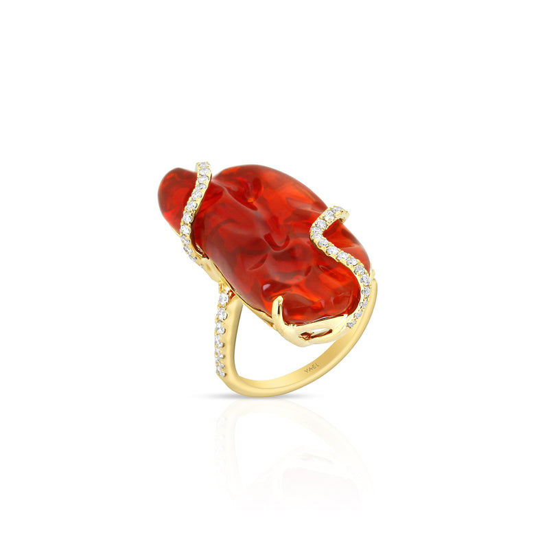 18 karat yellow gold fire opal and diamond ring by fine jewelry house Yael Designs.