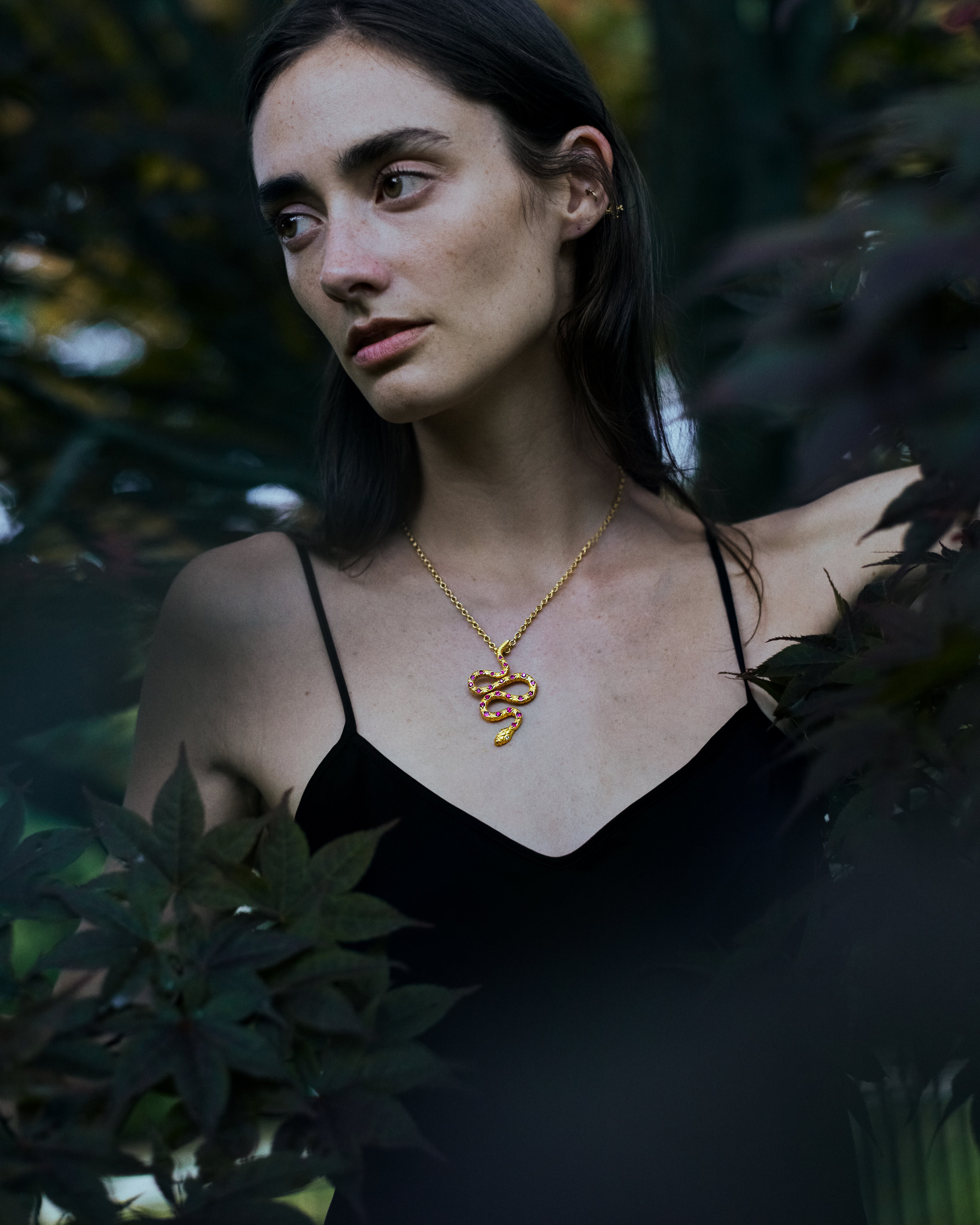 22 karat gold necklace with ruby snake pendant by jewelry designer Linda Hoj