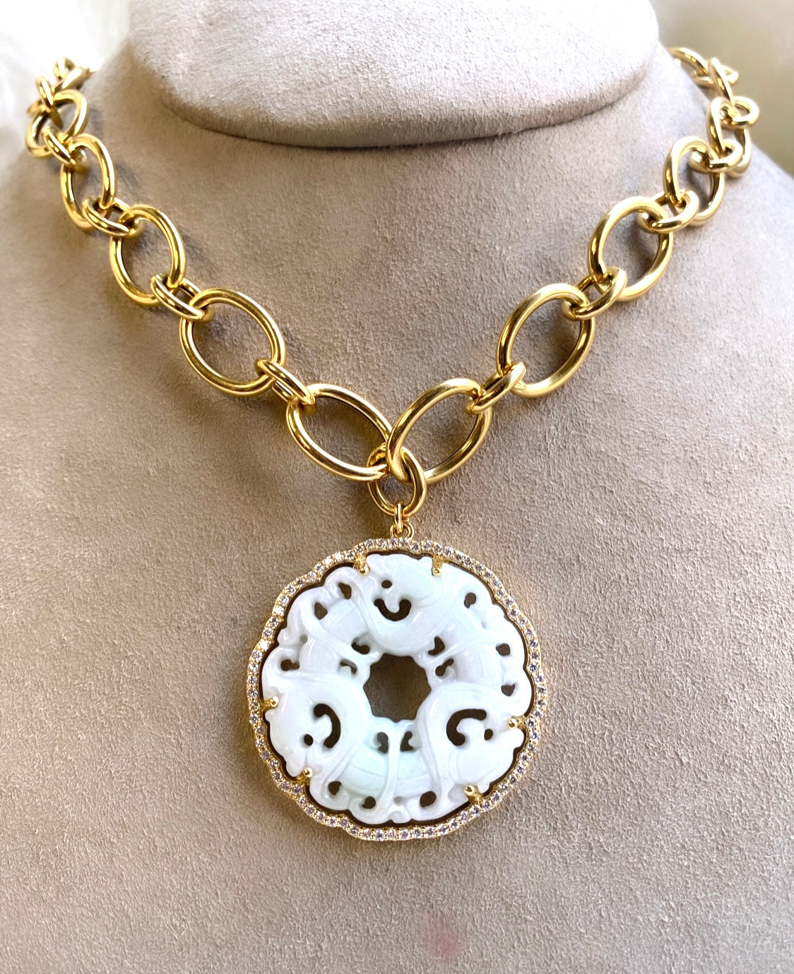 White Jade pendant with Diamond and 18 karat yellow gold chain by fine jewelry designer Goshwara