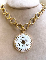 White Jade pendant with Diamond and 18 karat yellow gold chain by fine jewelry designer Goshwara