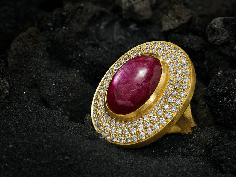 22 karat gold one of a king Ruby and Diamond ring by fine jewelry designer Linda Hoj