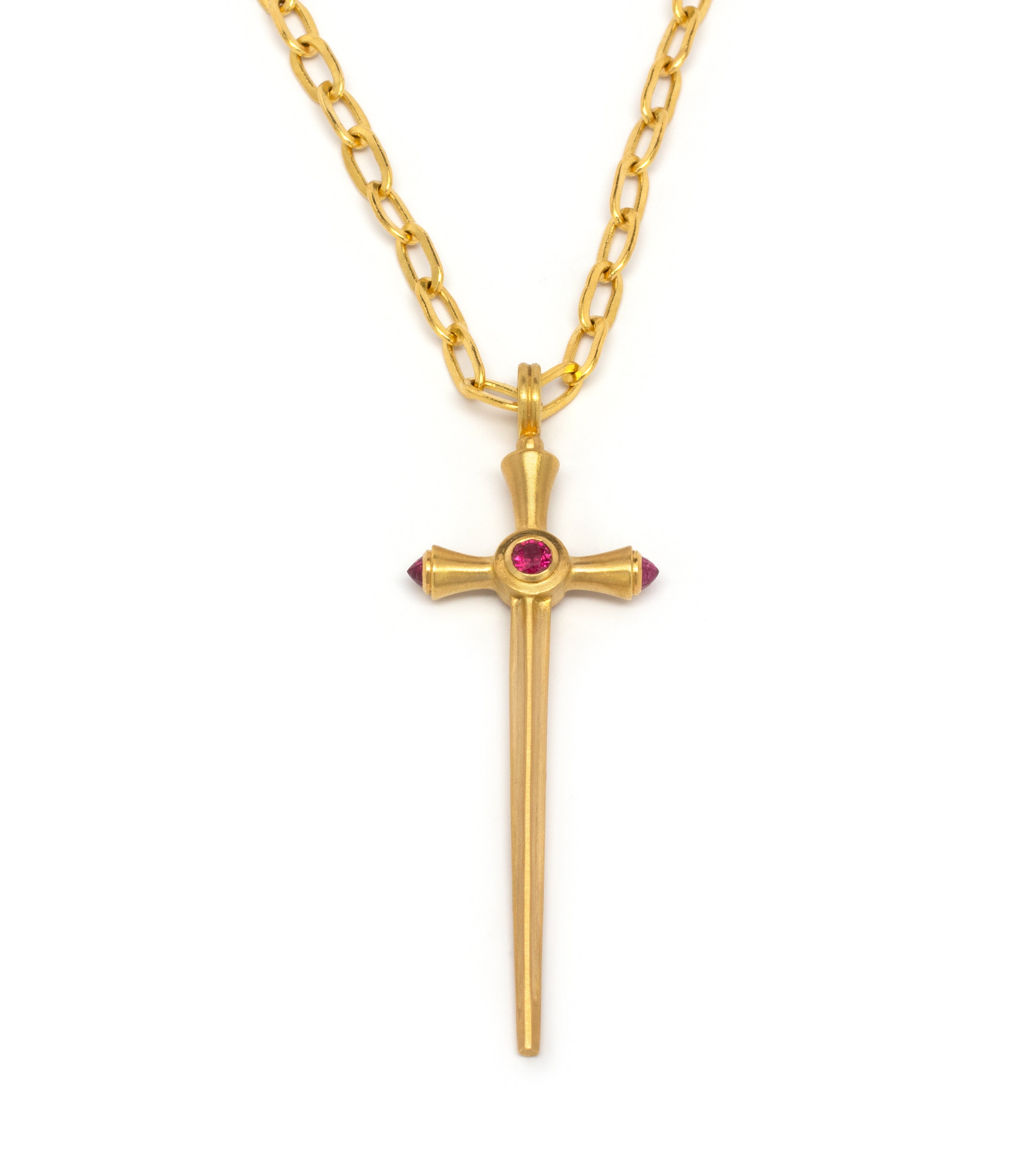 22 karat gold chain with ruby sword pendant by fine jewelry designer Linda Hoj