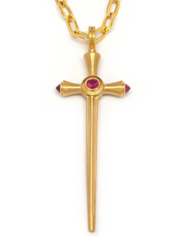 Gold ruby sword pendant by fine jewelry designer Linda Hoj