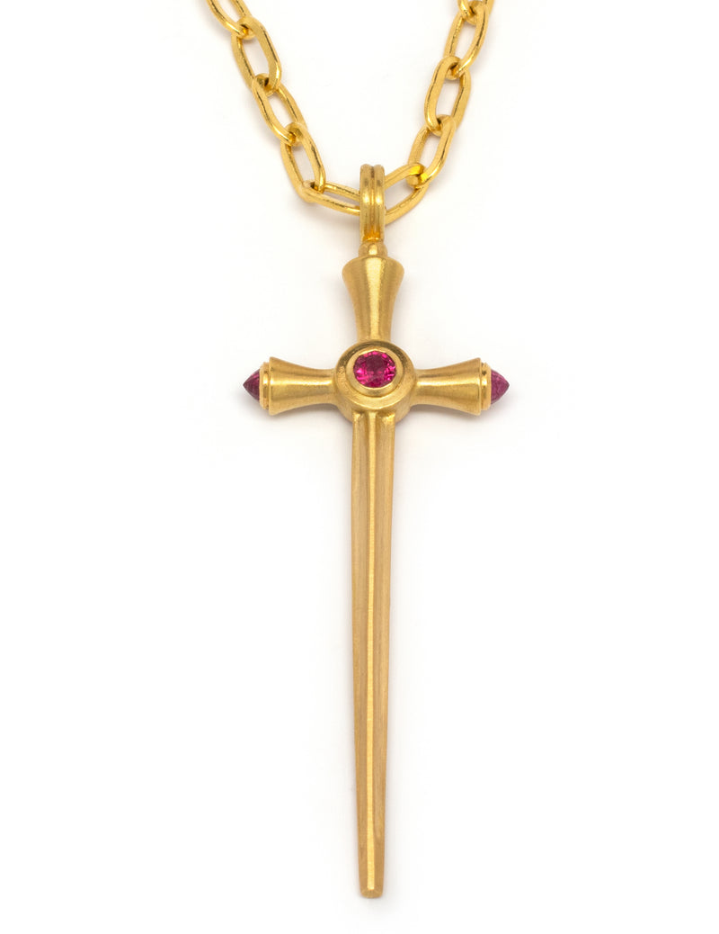 22 karat gold chain with ruby sword pendant by fine jewelry designer Linda Hoj