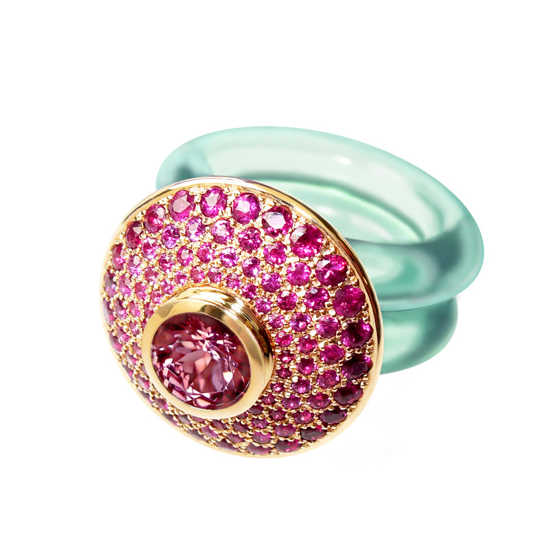 Pink Ruby and Tourmaline Ring in 18 karat gold by fine jewelry designer Monika Seitter