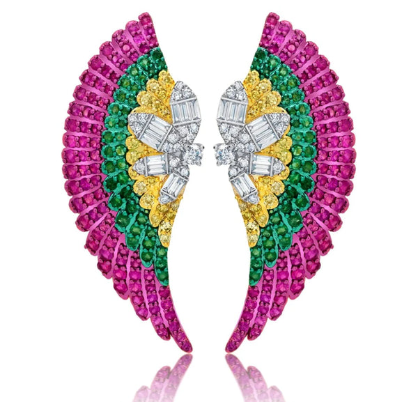 Diamond, Ruby, Emerald Wings Earrings by fine jewelry designer Graziela
