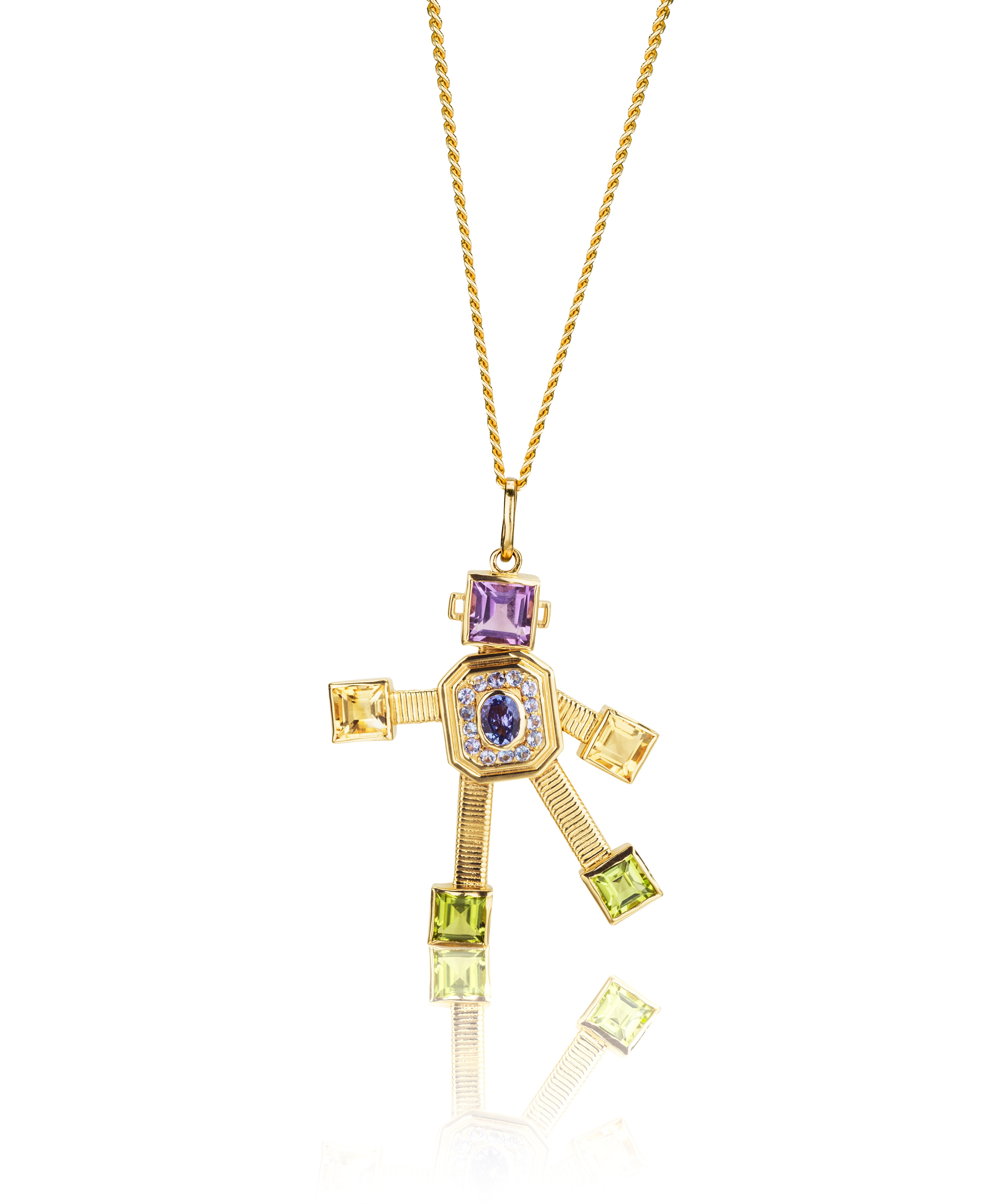18 karat yellow gold articulated robot pendant by fine jewelry designer Tatiana Van Lancker