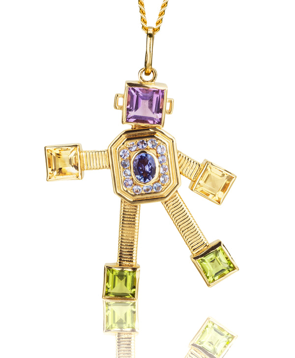 18 karat yellow gold articulated robot pendant by fine jewelry designer Tatiana Van Lancker.
