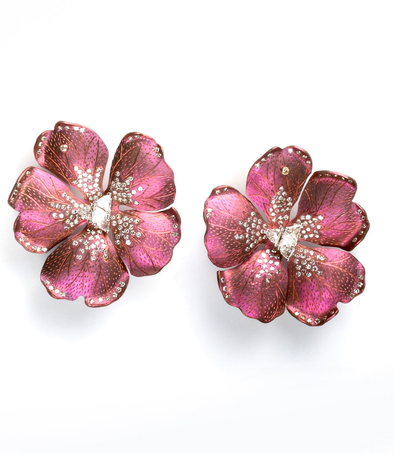 18 karat gold and rose titanium flower earrings with scattered diamonds by fine jewelry designer ESTAA
