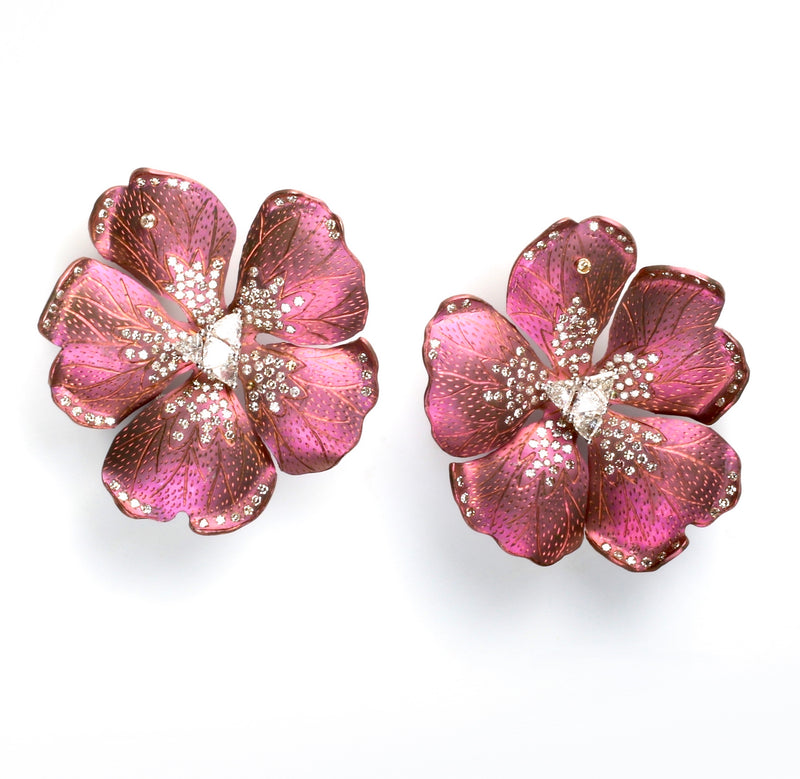 18 karat gold and rose titanium flower earrings with scattered diamonds by fine jewelry designer ESTAA
