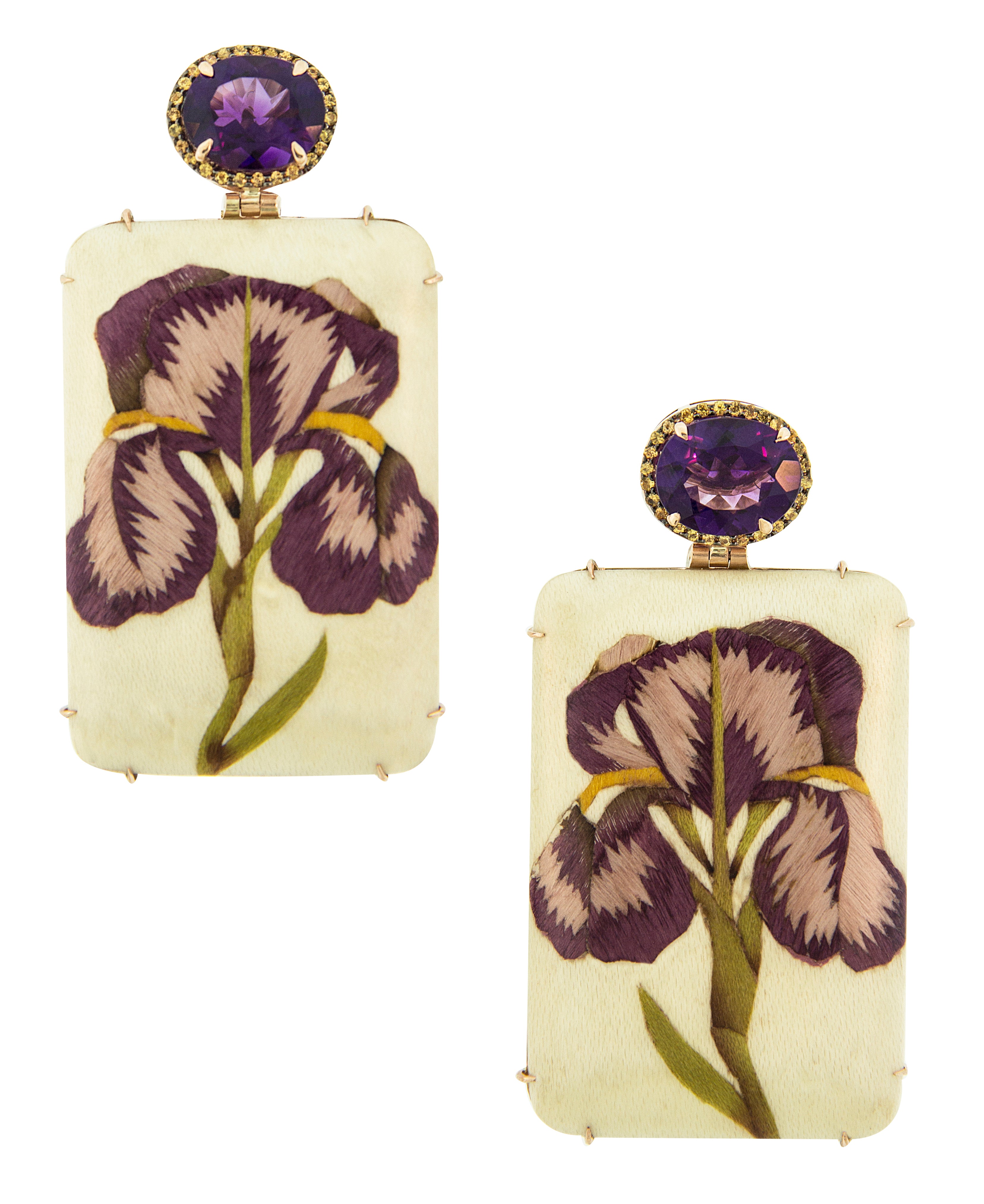 18 karat rose gold, sapphire and amethyst purple flower earrings by fine jewelry designer Silvia Furmanovich