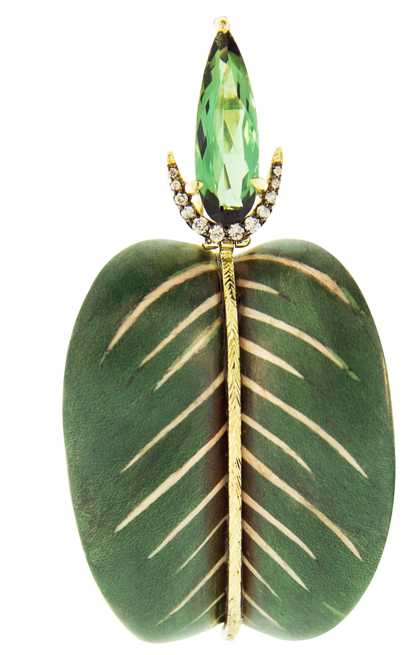 18 karat gold, diamond, green tourmaline leaf earrings by fine jewelry designer Silvia Furmanovich