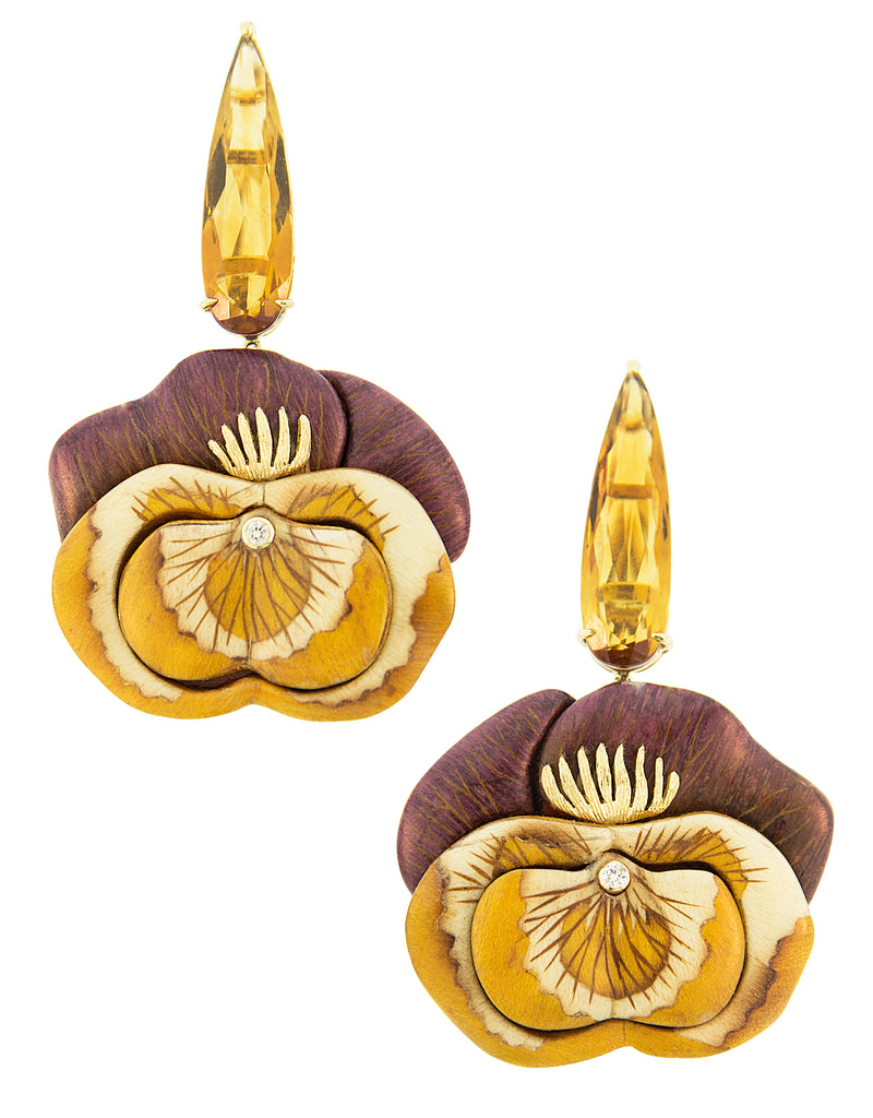 18 karat gold, diamond and citrine pansy flower earrings by fine jewelry designer Silvia Furmanovich.