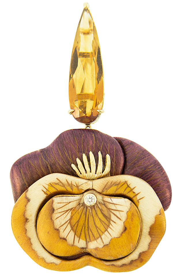 18 karat gold, diamond and citrine pansy flower earrings by fine jewelry designer Silvia Furmanovich.