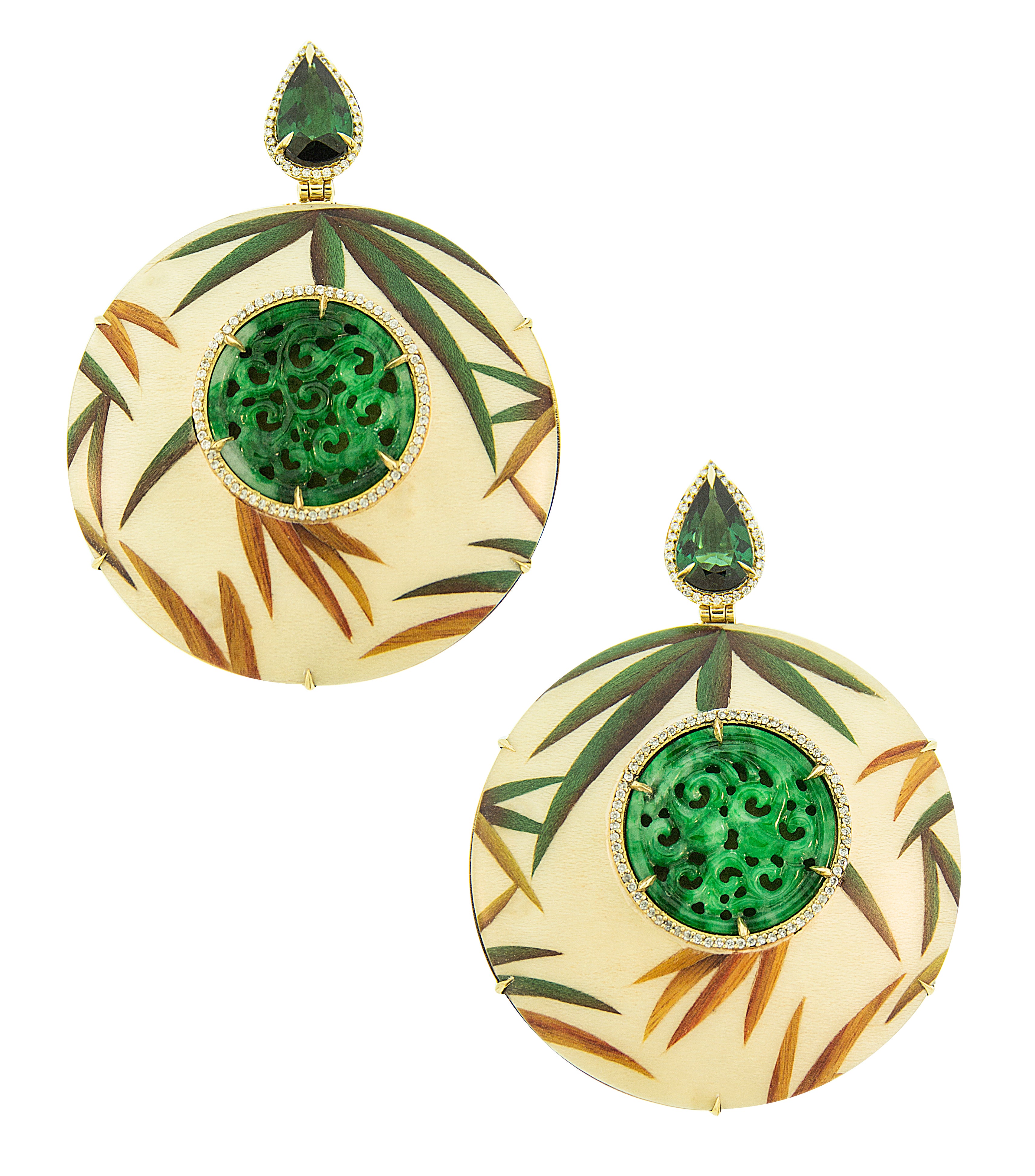 18 karat gold, diamond, green tourmaline and jade earrings by fine jewelry designer Silvia Furmanovich