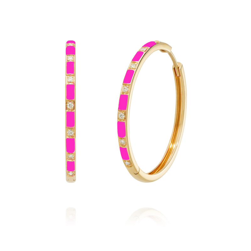 18 karat gold diamond and neon pink enamel loop earrings by fine jewelry house Van Den Abeele.