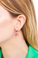 18 karat gold diamond and neon pink enamel loop earrings by fine jewelry house Van Den Abeele