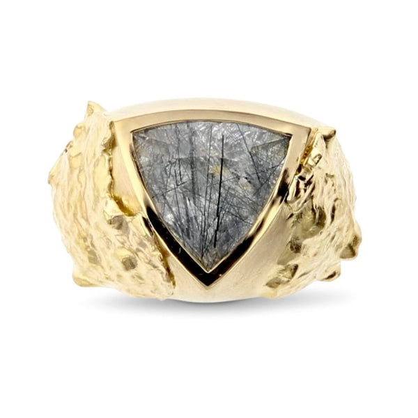 18 karat recycled gold and large grey rutilated quartz ring by fine jewelry designer Capucine H