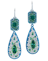 Couture statement earrings with diamonds and paraiba tourmaline in white gold, contemporary fine jewelry by Graziela