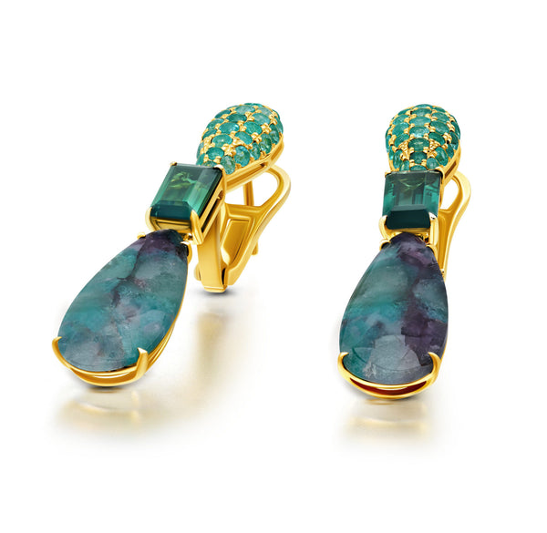 Couture statement earrings with paraiba tourmaline in 18 karat gold, by fine jewelry designer Graziela