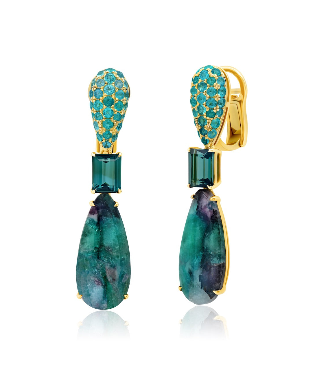 Couture statement earrings with paraiba tourmaline in 18 karat gold, by fine jewelry designer Graziela