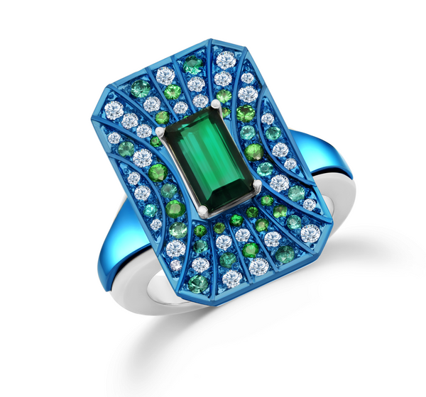 Diamond, titanium, paraiba tourmaline couture ring, a contemporary fine jewelry design by Graziela 