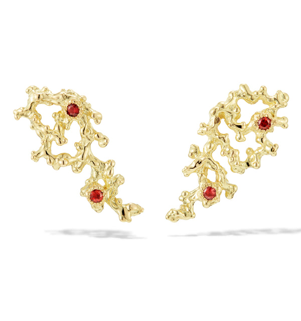 Gold and garnet earrings by jewelry designer-maker Clio Saskia