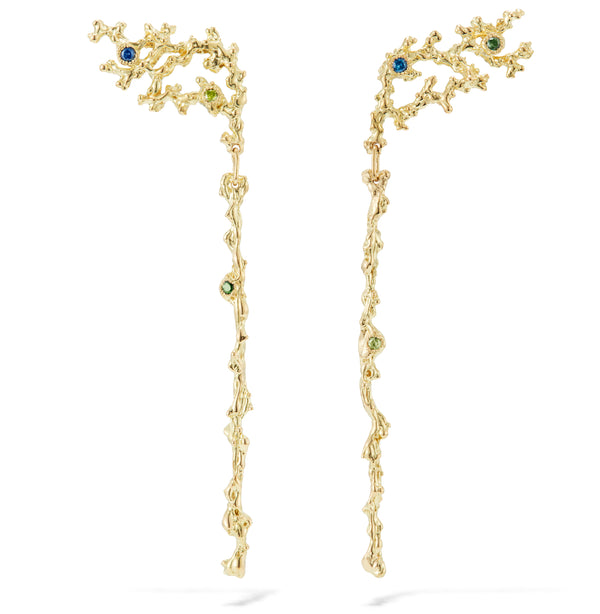 Gold and sapphire drop earrings by jewelry designer-maker Clio Saskia
