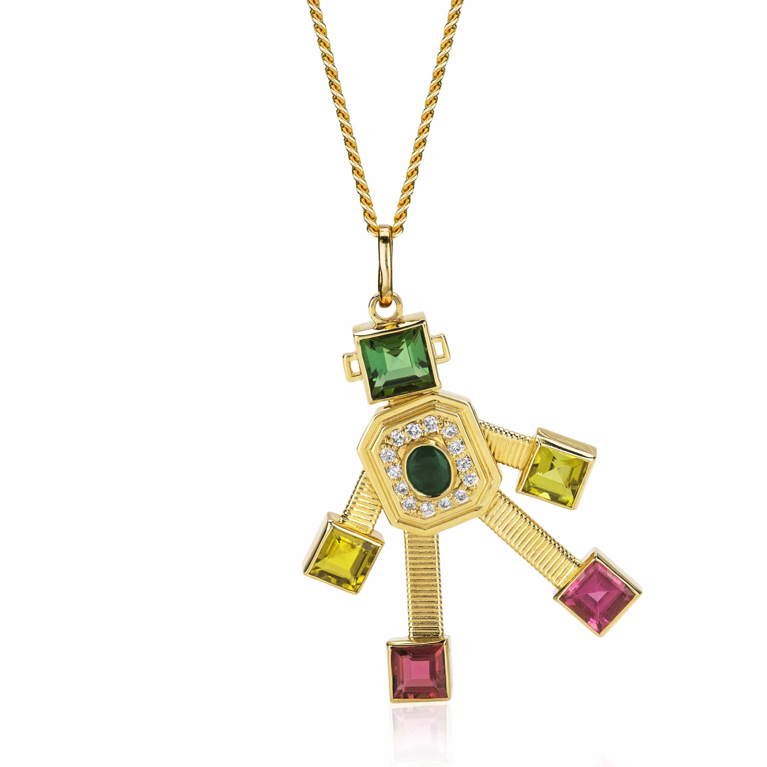 18 karat yellow gold articulated robot pendant by fine jewelry designer Tatiana Van Lancker