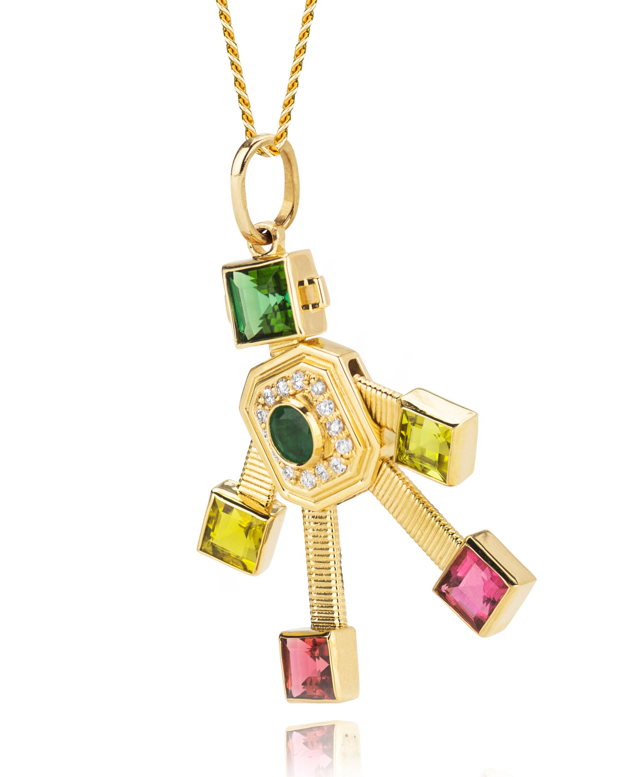 18 karat yellow gold articulated robot pendant by fine jewelry designer Tatiana Van Lancker