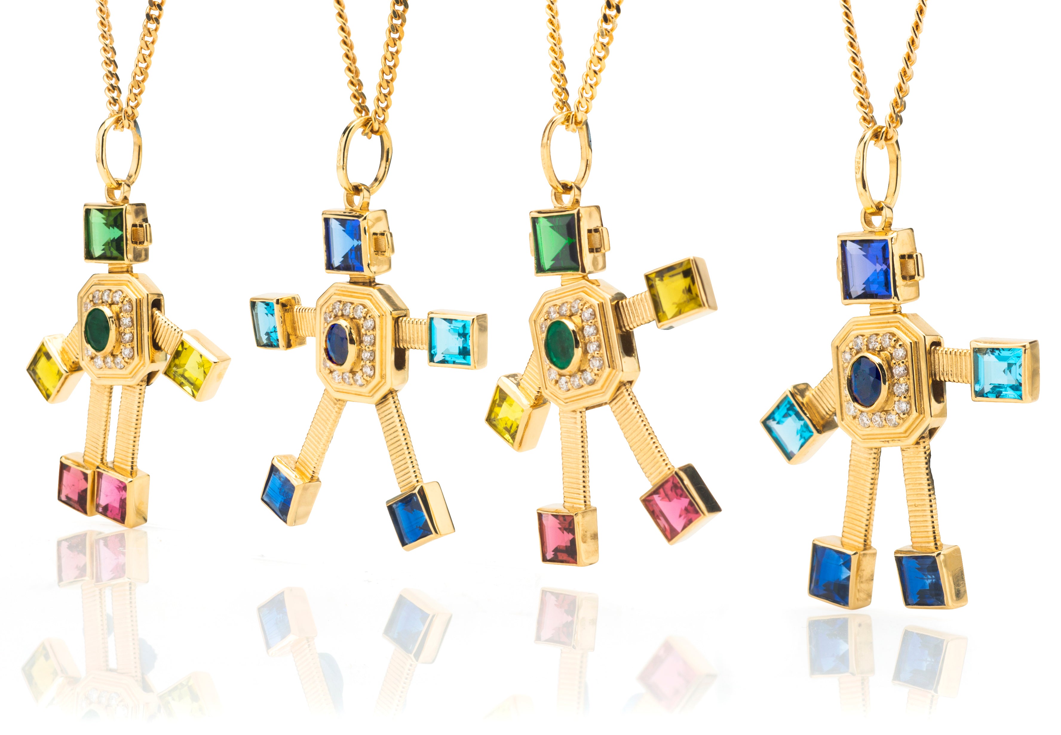18 karat yellow gold articulated robot pendant by fine jewelry designer Tatiana Van Lancker