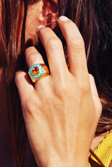 18 karat yellow gold citrine ring with diamonds and turquoise enamel by fine jewelry house Van Den Abeele
