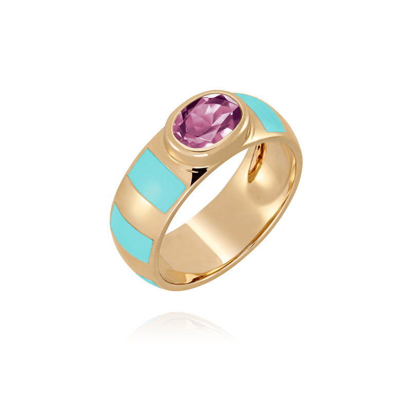 18 karat gold ring with a purple-pink Sapphire and Turquoise-blue enamel by fine jewelry house Van Den Abeele