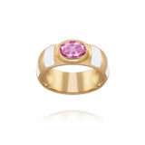 18 karat gold ring with pink sapphire and white enamel by fine jewelry house Van Den Abeele