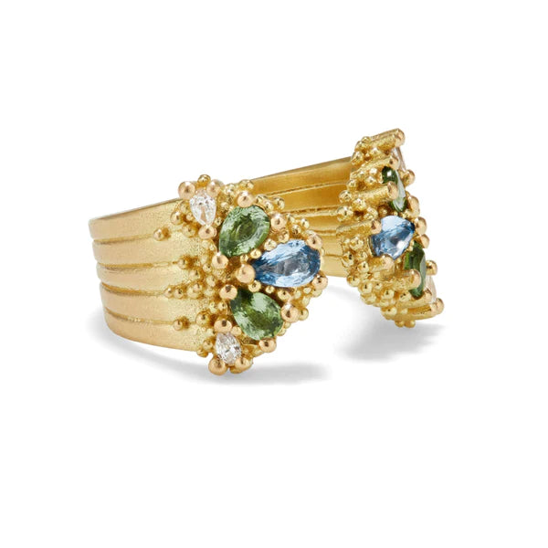 18 karat gold sapphires and diamond ring by fine jewelry designer Hannah Bedford