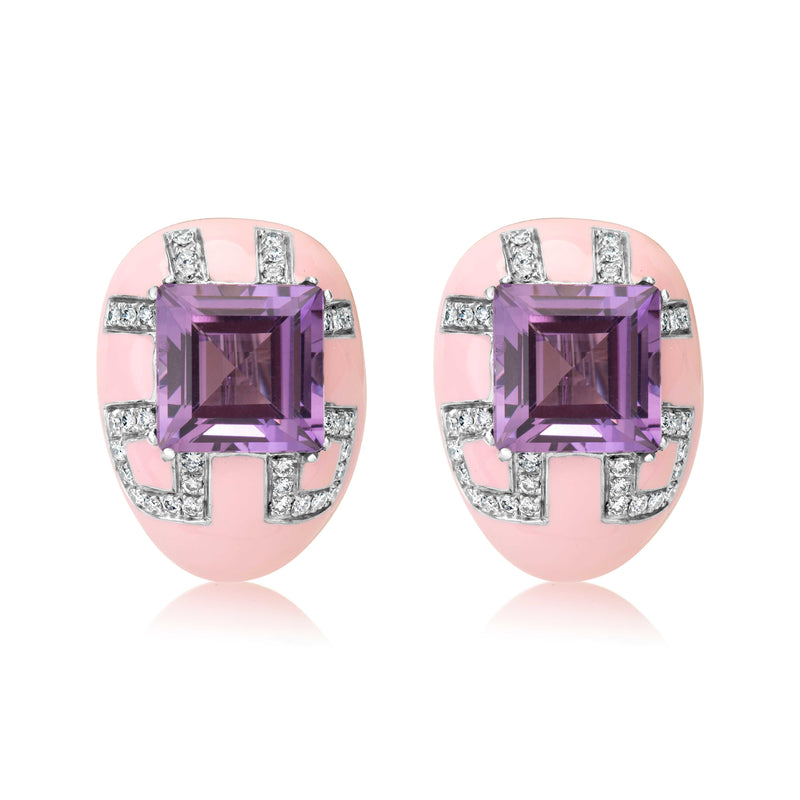 18 karat white gold amethyst and pink enamel stud earrings by fine jewelry house Andreoli