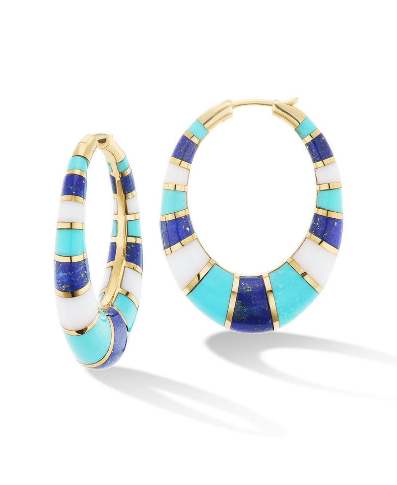 Hoops earrings made with inlayed stone and 18 karat yellow Gold by fine jewelry designer Orly Marcel