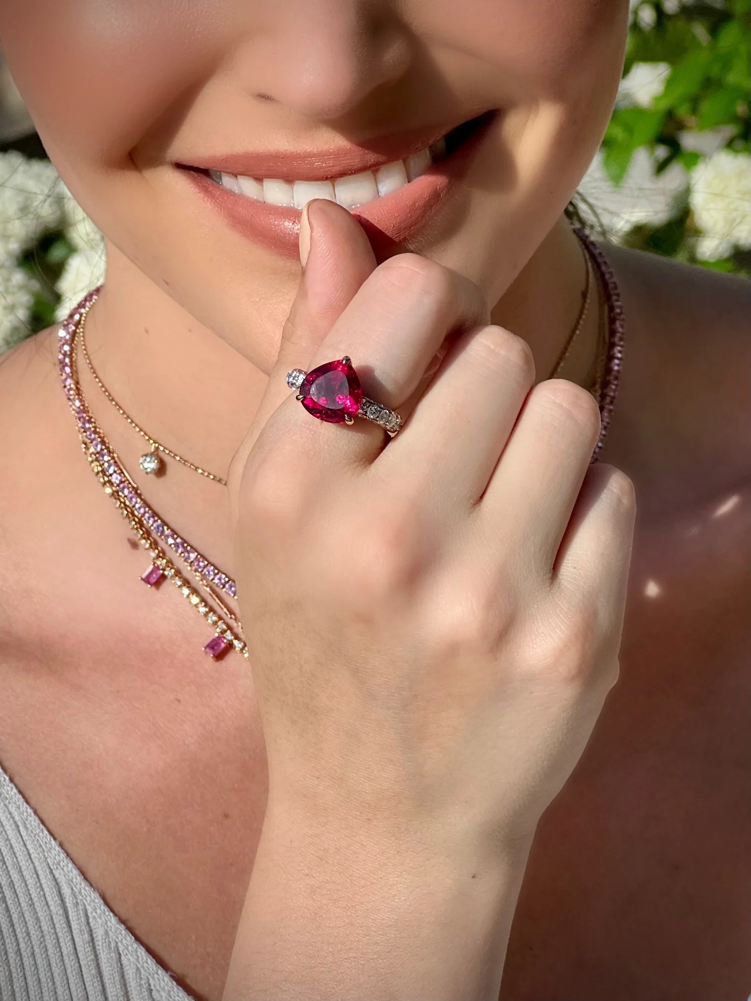 Rubellite and Diamond three sided ring by fine jewelry designer Graziela