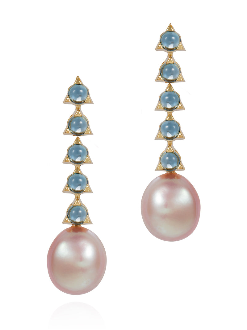 5 stones, blue-topaz violet pearl earrings