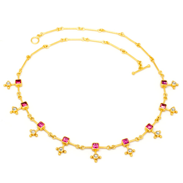 Diamond and Tourmaline 22 karat gold necklace by fine jewelry designer Linda Hoj