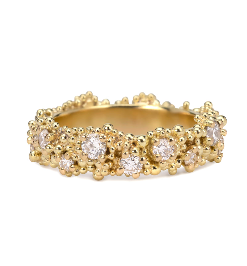 18 karat gold one-of-a-kind diamond ring with granulation  by contemporary fine jewelry designer Hannah Bedford