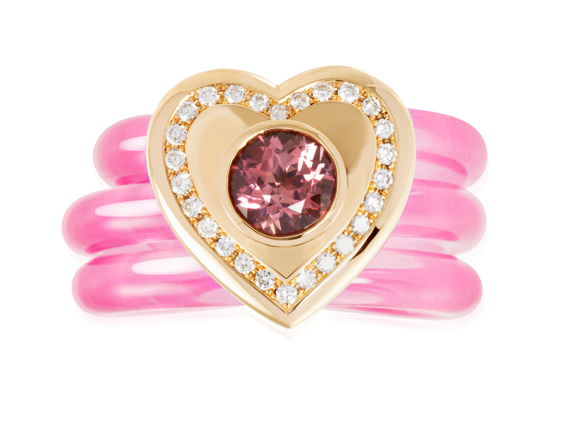 18 karat gold, pink tourmaline and diamond rose heart ring by fine jewelry designer Monika Seitter
