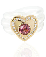 18 karat gold, pink tourmaline and diamond heart ring with transparent band by fine jewelry designer Monika Seitter