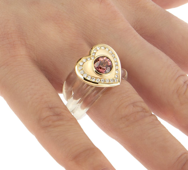 18 karat gold, pink tourmaline and diamond heart ring with transparent band by fine jewelry designer Monika Seitter