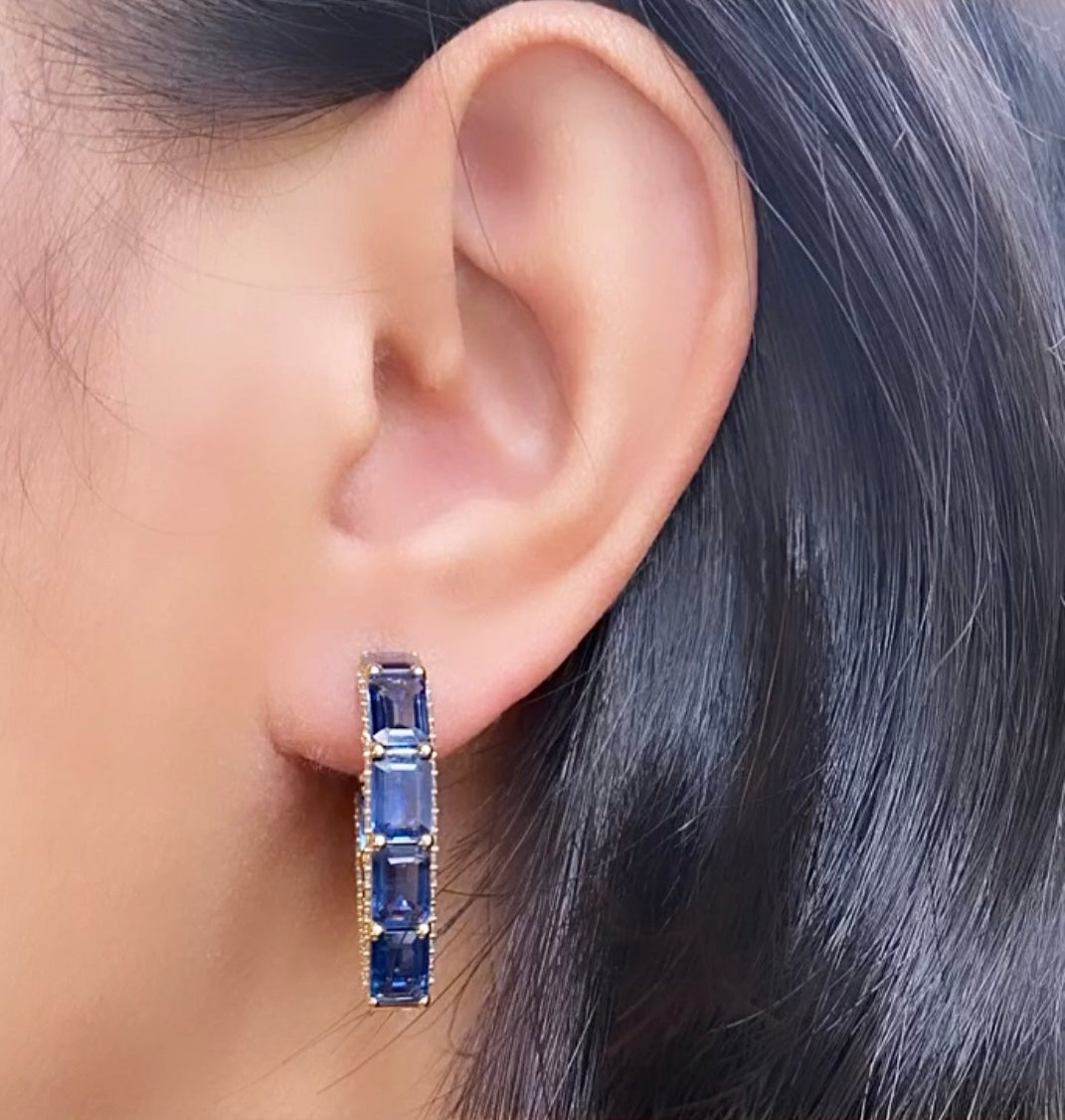 Blue Sapphire heart shape hoop earrings with Diamonds 18 karat yellow gold by fine jewelry designer Goshwara