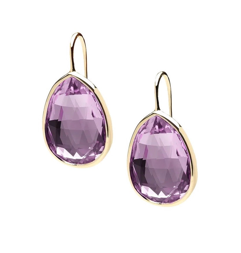 Amethyst pear shape earrings on wire in 18 karat yellow gold by fine jewelry designer Goshwara